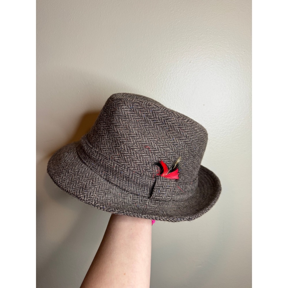 Kangol Trilby Hat Brown Herringbone Wool Fedora Feather Accent Made in USA Med